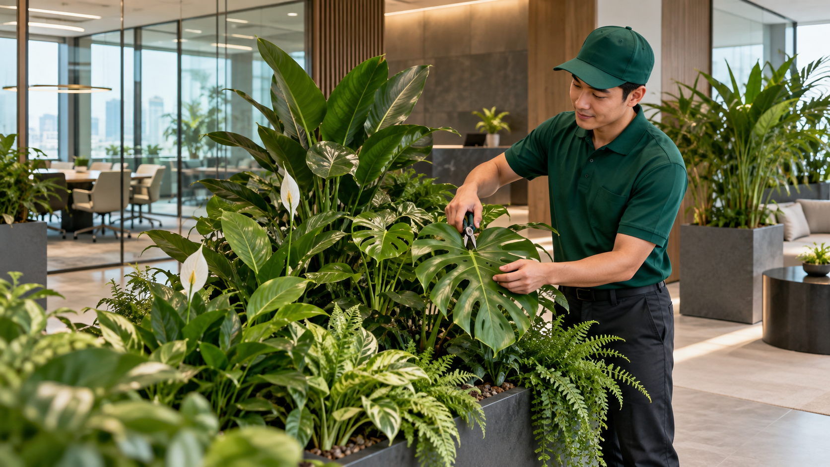 Kỹ thuật viên GREENMARK chăm sóc cây văn phòng