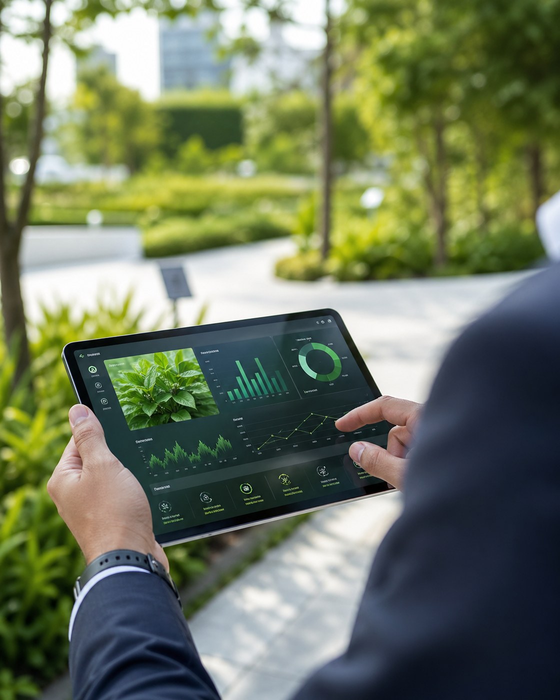 Chuyên gia theo dõi dashboard cây xanh trên tablet